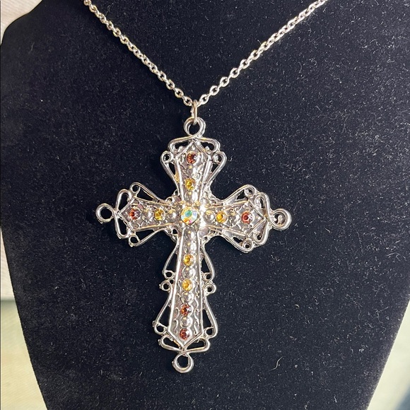 Silver-Toned Filigree-Style Cross Necklace - Picture 2 of 2